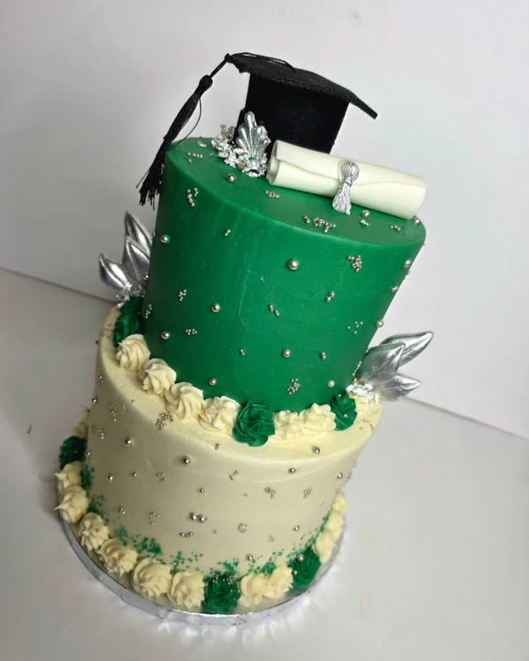 Green and White Graduation Cake